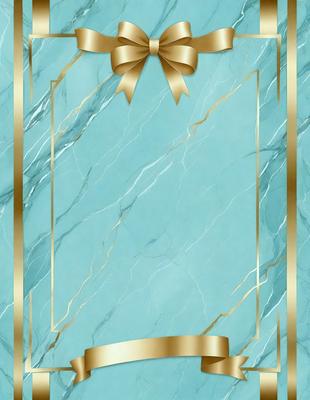 The primary subject of the image is a bow, which is tied to a marble surface. The setting is a marble countertop, and the visual style is a combination of photo and digital art. The colors and mood of the image are predominantly blue and gold, giving it a luxurious and elegant appearance.