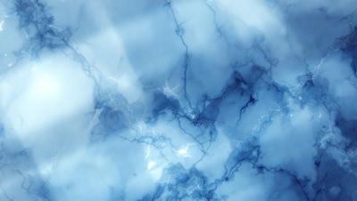 The primary subject of the image is a blue marble surface with a pattern of lightning bolts. The setting is a cloudy sky, and the visual style is a combination of photo and digital art. The dominant colors are blue and white, creating a calm and serene atmosphere.