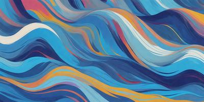 The primary subject of the image is a blue and yellow ocean wave. The setting is a blue ocean with a white and orange wave. The visual style is a digital art or illustration, creating a vibrant and dynamic scene. The dominant colors are blue, yellow, and orange, giving the image a lively and energetic atmosphere.