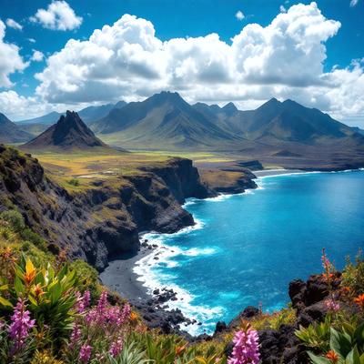 The primary subject of the image is a beautiful landscape featuring a mountain range, a large body of water, and a lush green hillside. The setting is a picturesque outdoor scene with a serene atmosphere. The visual style of the image is a photo, capturing the natural beauty of the landscape. The colors and mood of the image are predominantly green, blue, and white, creating a sense of tranquility and harmony with nature.