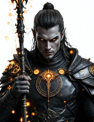 The primary subject of the image is a man dressed in a black and gold costume, holding a staff. He appears to be a fantasy character, possibly a wizard or an elf. The setting is a white background, which provides a clean and minimalist look to the image. The visual style is digital art, as the man is depicted in a detailed and intricate manner. The colors and mood of the image are dark and mysterious, with the man's costume and the overall composition creating a sense of magic and wonder.