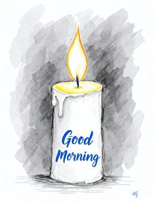 The primary subject of the image is a lit candle, which is placed on a white candle holder. The setting is a dark background, which emphasizes the candle's glow. The visual style is a hand-drawn illustration, giving the image a unique and artistic appearance. The colors are predominantly white and yellow, creating a warm and inviting atmosphere.
