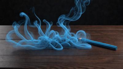 The primary subject of the image is a blue smoke or mist, which is floating on a wooden table. The setting is a dark room, and the visual style appears to be a digital art or illustration. The dominant colors in the image are blue and black, creating a moody and atmospheric scene.