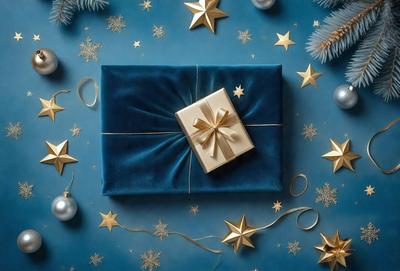 The primary subject of the image is a blue box with a bow on top, which is placed on a blue background. The visual style of the image is a photo, and the colors and mood are predominantly blue and calm.