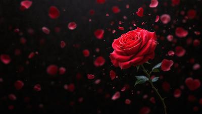 The primary subject of the image is a single red rose. The rose is the focal point of the scene, and it is surrounded by a backdrop of red petals, creating a visually striking and romantic atmosphere. The visual style of the image is a combination of photo and digital art, with the rose appearing to be a part of a larger, more intricate design. The colors and mood of the image are predominantly red, which adds to the overall warmth and passion of the scene.
