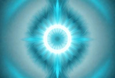 The primary subject of the image is a bright, blue, and white circle. The circle appears to be a light source, possibly a sun or a light bulb. The setting is a blue background, which adds to the overall atmosphere of the image. The visual style is a combination of a photo and digital art, creating a unique and eye-catching effect. The colors and mood of the image are predominantly blue and white, with a hint of brightness and energy.
