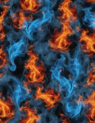 The primary subject of the image is a blue and orange flame pattern. The setting is a black background, which contrasts with the vibrant colors of the flames. The visual style is a combination of digital art and illustration, creating a unique and eye-catching design. The dominant colors are blue and orange, with the blue flames and orange background creating a striking contrast. The overall atmosphere of the image is energetic and captivating.