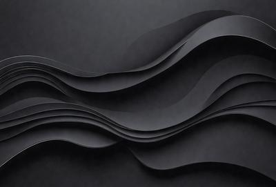 The primary subject of the image is a large, black, curved sculpture or artwork. The setting is a dark room, and the visual style appears to be a combination of digital art and illustration. The dominant colors are black and grey, creating a moody and dramatic atmosphere.