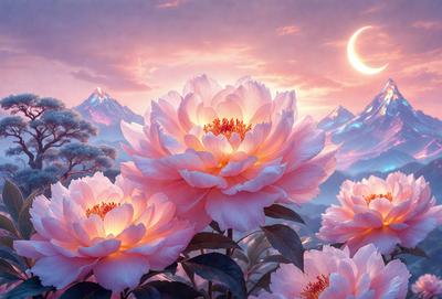Primary subject: Flowers
Setting/background: Mountains
Visual style: Digital art
Colors and mood: Pink and white, serene and beautiful