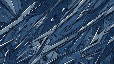 The primary subject of the image is a blue background with a pattern of sharp, pointed objects. The setting appears to be a futuristic or industrial environment. The visual style is a combination of digital art and illustration, creating a unique and intriguing design. The colors and mood of the image are predominantly blue, with a sense of depth and complexity.