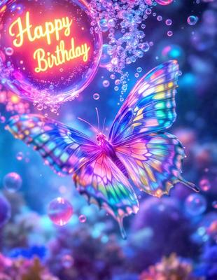 Happy Birthday: [The main object, scene, or focus of the image is a colorful butterfly with a "Happy Birthday" message.]

Purple and blue background: [The environment, backdrop, or surface visible is a purple and blue background.]

Digital art: [The visual style of the image is digital art.]

Colorful and vibrant: [The dominant colors and overall atmosphere of the image are colorful and vibrant.]