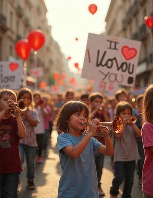 The primary subject of the image is a group of children playing instruments, specifically trumpets, in a street. They are surrounded by a crowd of people, including other children and adults, who are watching and enjoying the performance. The setting is an outdoor street, and the visual style appears to be a photo. The colors and mood of the image are lively and joyful, as the children and the crowd are all engaged in a fun and entertaining event.