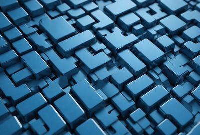 The primary subject of the image is a blue, geometric pattern made up of various shapes and squares. The setting is a blue background, which complements the vibrant colors of the pattern. The visual style is a combination of digital art and illustration, creating a unique and eye-catching design. The dominant colors are blue and silver, giving the pattern a modern and sleek appearance.
