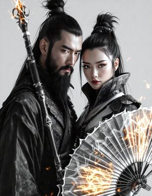 The primary subject of the image is a man and a woman standing together, with the man holding a sword. They are dressed in costumes, which suggests that they might be attending a themed event or participating in a performance. The setting appears to be a stage or a similar environment, as the man and woman are posing for a picture. The visual style of the image is a combination of digital art and illustration, creating a unique and artistic representation of the scene. The colors and mood of the image are dramatic and intense, with the man's sword and the woman's costume adding to the overall atmosphere.
