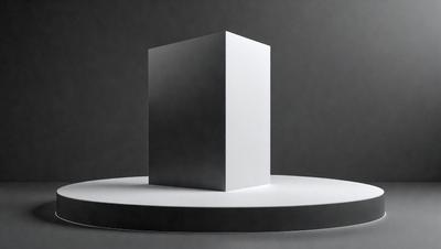 The primary subject of the image is a large, square, black and white structure. The setting is a black background, which contrasts with the white structure. The visual style is a photo, showcasing the contrast between the black and white structure and the black background. The colors and mood of the image are predominantly black and white, creating a sense of simplicity and elegance.