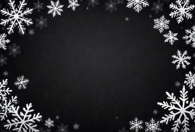 The primary subject of the image is a black background with a white circle in the center. The circle is filled with white snowflakes, creating a visually appealing and festive scene. The setting appears to be a winter-themed design, possibly for a holiday card or a decorative piece. The visual style is a combination of digital art and illustration, as the snowflakes are carefully arranged and the overall composition is well-executed. The colors and mood of the image are predominantly white and snowy, evoking a sense of coldness and tranquility.
