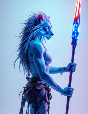 The primary subject of the image is a woman with long hair and a blue and white costume. She is holding a blue and red staff, which appears to be a light-up prop. The setting is a white background, which provides a clean and minimalistic environment for the image. The visual style is a digital art or illustration, as the woman's costume and the light-up staff are both digital elements. The colors and mood of the image are predominantly blue and white, giving it a calm and serene atmosphere.