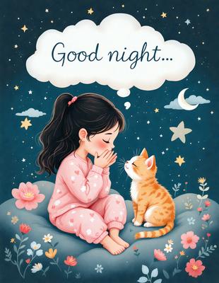 The image features a young girl sitting on a bed, with a cat sitting next to her. The girl is wearing pajamas and appears to be in a relaxed and comfortable position. The cat is also sitting on the bed, close to the girl. The scene is set in a bedroom, with a night sky visible in the background. The overall atmosphere of the image is calm and peaceful, with the girl and the cat enjoying each other's company.