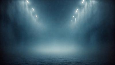 The primary subject of the image is a large body of water, with a blue color and a foggy atmosphere. The setting is a vast, open space, and the visual style appears to be a photo. The colors and mood convey a sense of tranquility and vastness.
