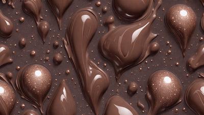 The primary subject of the image is a close-up of chocolate drizzled on a surface. The setting is a table with a patterned surface, and the visual style is a close-up of the chocolate. The colors and mood of the image are predominantly brown, with a rich and indulgent atmosphere.