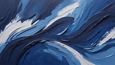 The primary subject of the image is a painting of a wave. The setting is a blue background, and the visual style appears to be a digital art or illustration. The dominant colors in the painting are blue and white, creating a calm and serene atmosphere.