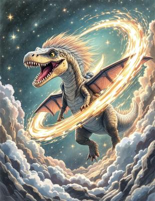 Primary subject: Dinosaur
Setting/background: Sky
Visual style: Digital art
Colors and mood: Blue, white, and orange