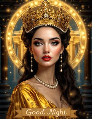 The primary subject of the image is a woman wearing a crown and a yellow dress. She is posing for the camera, and her makeup is done in a way that highlights her beauty. The setting is a room with a backdrop of a building, and the visual style is a digital art illustration. The colors in the image are warm and vibrant, creating a sense of elegance and sophistication.