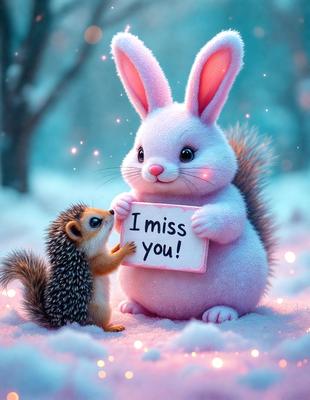 The primary subject of the image is a large white bunny holding a sign that reads "I miss you." The setting is a snowy environment, with the bunny standing on a snow-covered ground. The visual style of the image is digital art, as it appears to be a computer-generated illustration. The dominant colors in the image are white and pink, creating a warm and cozy atmosphere.