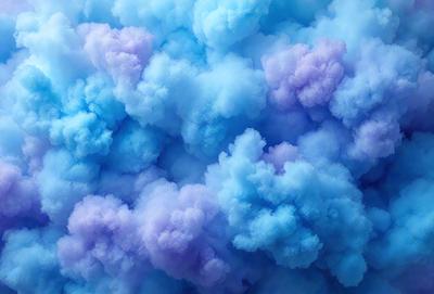 The primary subject of the image is a cloudy blue sky filled with purple and blue clouds. The setting is a vast, open sky, and the visual style is a combination of photo and digital art. The colors and mood of the image are predominantly purple and blue, creating a serene and calming atmosphere.