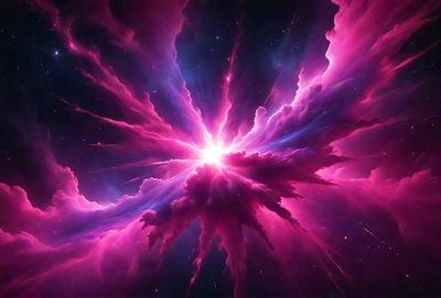 The primary subject of the image is a bright pink nebula, which is the main object, scene, or focus of the image. The setting or background of the image is a dark, star-filled sky, which provides a contrasting backdrop for the vibrant pink nebula. The visual style of the image is a digital art or illustration, as it is a detailed and intricate representation of the nebula. The colors and mood of the image are predominantly pink, which gives the scene a warm and inviting atmosphere.