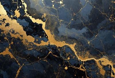 The primary subject of the image is a black and gold marbled surface, which appears to be a painting or a digital artwork. The setting is a dark background, which contrasts with the gold and black colors of the marbled surface. The visual style is a combination of painting and digital art, creating a unique and intricate design. The colors and mood of the image are dark and moody, with the gold and black colors adding a sense of depth and richness to the overall atmosphere.