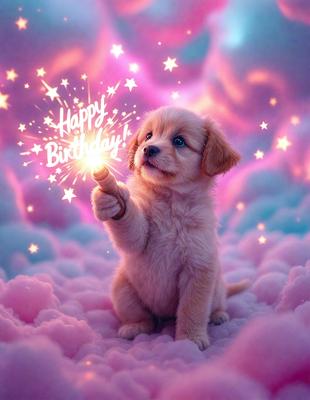 The image features a small, cute puppy standing on a cloud, holding a sparkler in its mouth. The puppy appears to be celebrating a birthday, as indicated by the presence of the sparkler and the cloudy background. The scene is set in a pink and purple color scheme, giving it a warm and festive atmosphere.