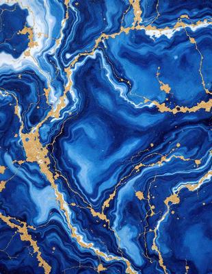 The primary subject of the image is a blue and gold marble-like pattern. The setting is a blue and gold marble-like surface, which could be a wall or a table. The visual style is a combination of digital art and illustration, creating a unique and intricate design. The dominant colors are blue and gold, giving the pattern a luxurious and elegant appearance.