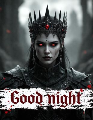 The primary subject of the image is a woman wearing a crown and a black dress. She is looking at the camera with a glare in her eyes. The setting is a dark, possibly demonic, environment. The visual style is a digital art or illustration, with the woman's eyes appearing to be glowing. The colors and mood of the image are dark and intense, with the woman's glare adding a sense of danger and power.