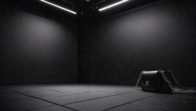 The primary subject of the image is a handbag placed on a black tiled floor. The setting is a dark room with a black wall, and the visual style appears to be a photo. The colors in the image are predominantly black, giving the scene a moody atmosphere.