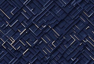 The primary subject of the image is a blue and black patterned wallpaper. The setting is a room with a blue and black wallpapered wall. The visual style is a digital art or illustration, creating a unique and intricate design. The colors and mood of the image are predominantly blue and black, giving it a modern and sophisticated appearance.