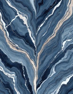 The primary subject of the image is a large, intricate, and colorful marble tile. The tile features a blue and white color scheme, with a pattern that resembles a leaf. The setting is a wall, and the visual style is a close-up of the tile. The colors and mood of the image are vibrant and elegant, creating a visually appealing and sophisticated atmosphere.