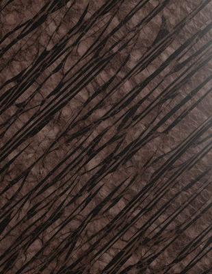 The primary subject of the image is a close-up of a brown and black marbled wallpaper. The setting is a wall with a patterned design, giving it a unique and textured appearance. The visual style is a close-up of the wallpaper, showcasing its intricate details. The colors and mood of the image are predominantly brown and black, creating a sense of depth and sophistication.