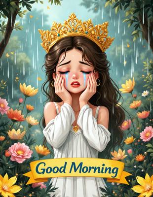 The primary subject of the image is a beautiful princess with a tear on her face. She is wearing a crown and is surrounded by a garden of flowers. The setting is a rainy day, as evidenced by the rain falling on the princess. The visual style is a digital art illustration, with the princess being the main focus of the image. The colors and mood are predominantly dark and moody, with the princess's sad expression and the rain creating a somber atmosphere.
