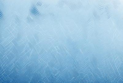 The primary subject of the image is a blue and white patterned surface, which appears to be a glass window. The setting is an outdoor environment, with the sky visible in the background. The visual style is a combination of digital art and illustration, creating a unique and artistic appearance. The dominant colors are blue and white, with the blue being more prominent, and the overall atmosphere is serene and calming.