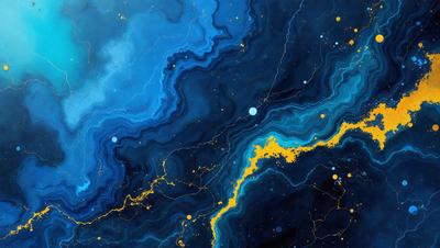 The primary subject of the image is a blue and yellow painting of a galaxy. The setting is a space filled with stars, and the visual style is a digital art or illustration. The dominant colors are blue and yellow, creating a vibrant and lively atmosphere.