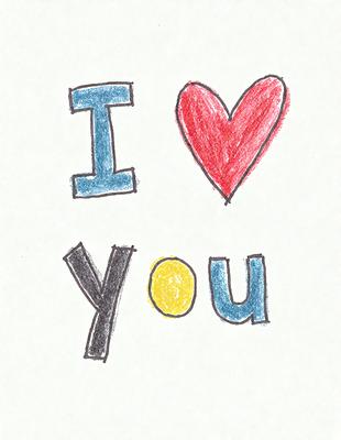 The primary subject of the image is a heart-shaped sign that says "I love you." The setting is a white background, and the visual style is a hand-drawn illustration. The colors are predominantly red and blue, creating a warm and affectionate atmosphere.