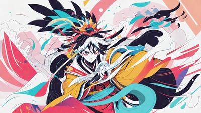 The primary subject of the image is a person, possibly a woman, dressed in a costume and holding a sword. The setting appears to be a colorful and artistic environment, possibly a fantasy or mythical scene. The visual style of the image is a combination of digital art and illustration, creating a vibrant and dynamic atmosphere. The colors and mood of the image are predominantly bright and lively, with a sense of adventure and excitement.