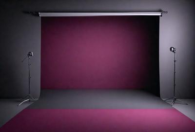 The primary subject of the image is a large pink curtain. The setting is a dark room with a purple wall, creating a dramatic and moody atmosphere. The visual style is a photo, capturing the curtain's texture and color. The dominant colors are pink and purple, with the pink curtain being the main focus of the image.
