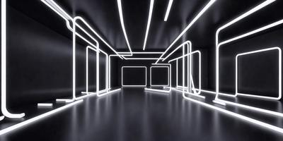 The primary subject of the image is a long, narrow hallway with a black background. The hallway is illuminated by neon lights, creating a futuristic and visually striking atmosphere. The setting appears to be a dark room with a focus on the hallway, which is the main object of the image. The visual style is a combination of a photo and digital art, as the neon lights create a unique and eye-catching effect. The colors and mood of the image are predominantly black and futuristic, with the neon lights adding a sense of brightness and energy to the scene.