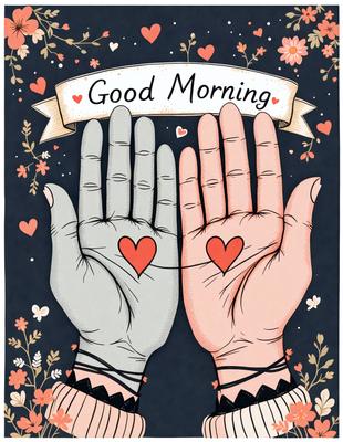 The image features two hands holding a heart, with the words "Good Morning" written above them. The hands are positioned close to each other, and the heart is located between them. The scene is set against a backdrop of flowers, adding a touch of color and warmth to the image. The visual style is a combination of digital art and illustration, creating a charming and inviting atmosphere.