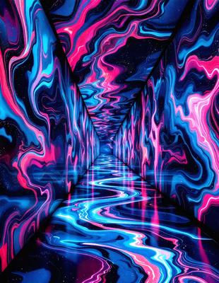 The primary subject of the image is a long, narrow, and brightly colored tunnel. The tunnel is illuminated by a blue light, creating a vibrant and lively atmosphere. The setting is a futuristic environment, possibly a space station or a high-tech facility. The visual style of the image is a combination of digital art and illustration, with the tunnel appearing as a digital artwork and the overall atmosphere being reminiscent of a futuristic illustration. The dominant colors in the image are blue and pink, which contribute to the energetic and dynamic mood of the scene.
