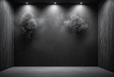 The primary subject of the image is a pair of large, dark, and cloudy paintings on a wall. The setting is a dark room with a black background, which emphasizes the paintings. The visual style is a combination of photo and digital art, creating a striking and dramatic effect. The dominant colors are dark and gray, giving the paintings a moody and mysterious atmosphere.
