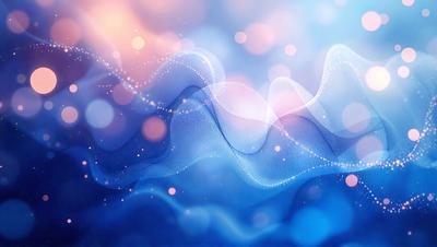 The primary subject of the image is a blue and white wave pattern. The setting is a blue background, and the visual style appears to be a digital art or illustration. The dominant colors are blue and white, creating a calm and serene atmosphere.