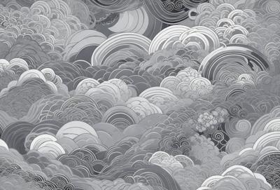The primary subject of the image is a cloudy sky filled with various cloud formations. The setting is a gray and white sky, which creates a moody atmosphere. The visual style of the image is a combination of digital art and illustration, as it features intricate patterns and textures. The dominant colors in the image are gray and white, which contribute to the overall mood of the scene.